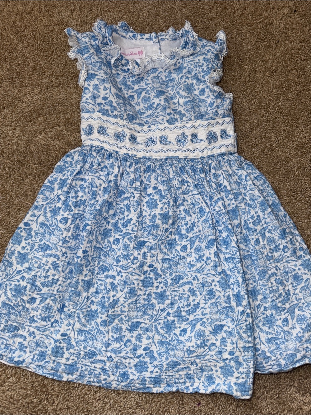 Blue Floral Smocked Waist Girls Dress with rabbit, butterfly and floral pattern